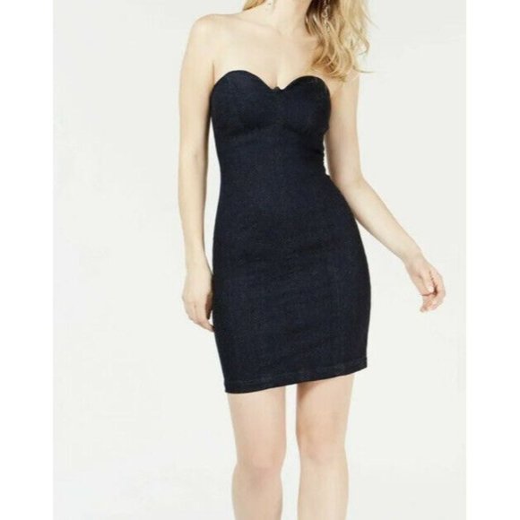 Guess S Dress mini Blue Denim Deco Strapless Fitted Bodycon NWT New - Picture 1 of 7